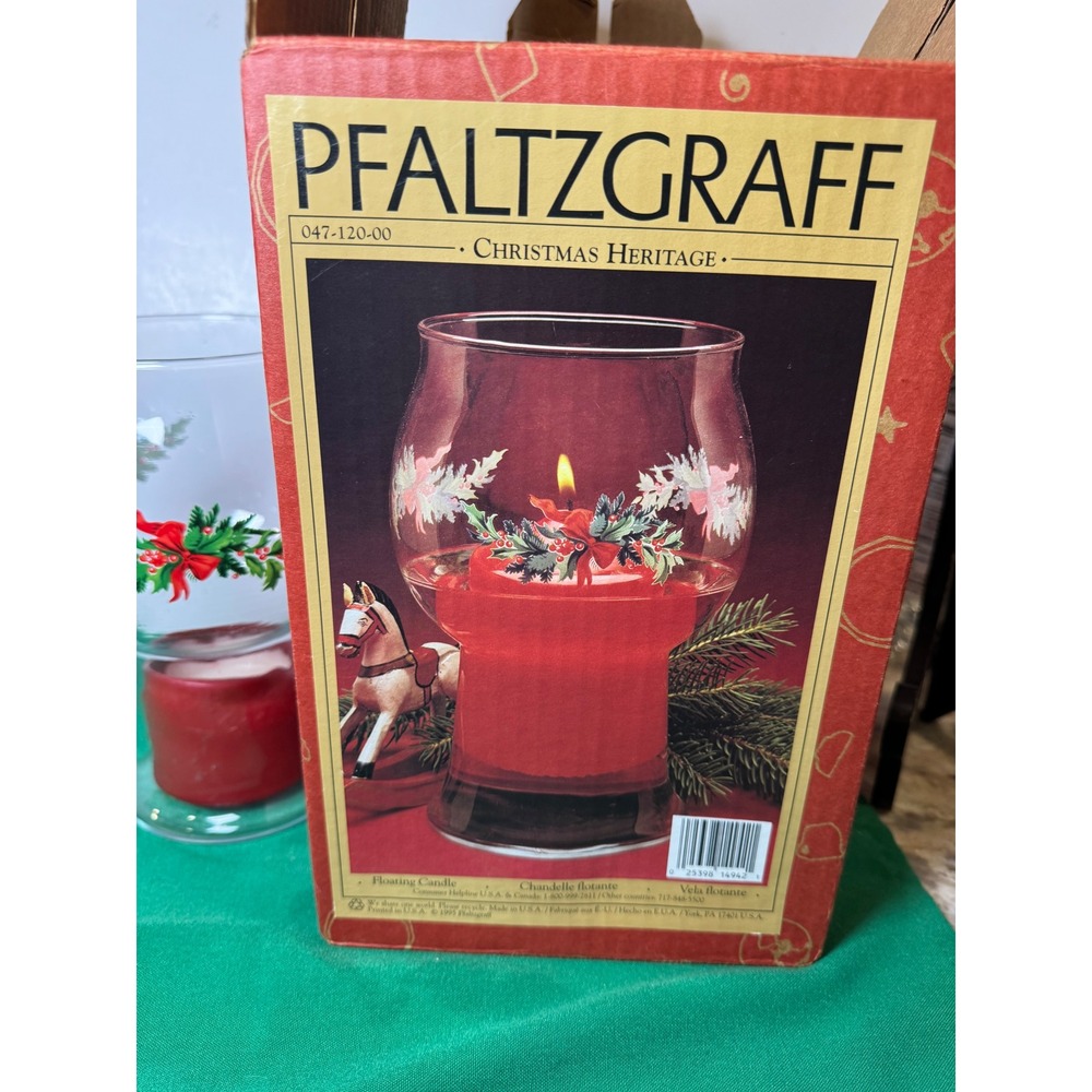 Pfaltzgraff Christmas Heritage Floating Candle Holder Glass Holly Ribbon Design